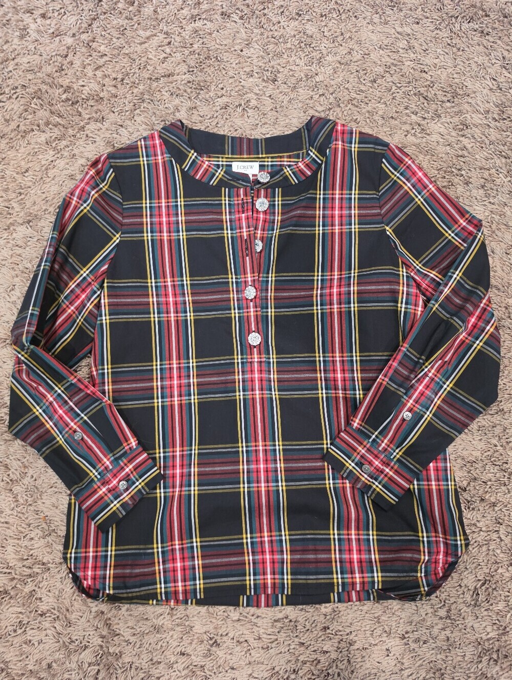 J.Crew Plaid Jeweled Button Popover Blouse Petite Small SP